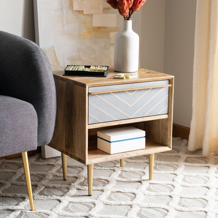 Leni 18.9'' Tall 1 - Drawer Solid Wood Nightstand in Natural/Brass